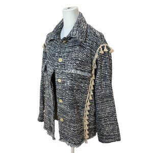 NWOT ZARA Blue White Tweed Knit Jacket, Tassel Trim, Frayed Hem, Size M